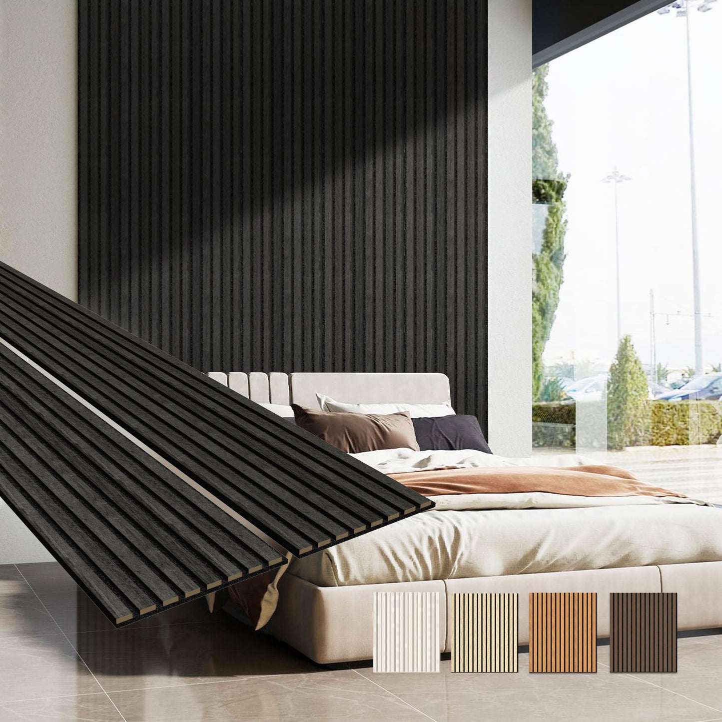 MISSDAY Wood Slat Acoustic Wall Panels, 2 Packs 94.5" x 12.6" Black Soundproof Panel For Interior Wall Decor Noise Absorbing-3D Textured Wooden Panel Sound-Absorbing for Home, Office, Studio