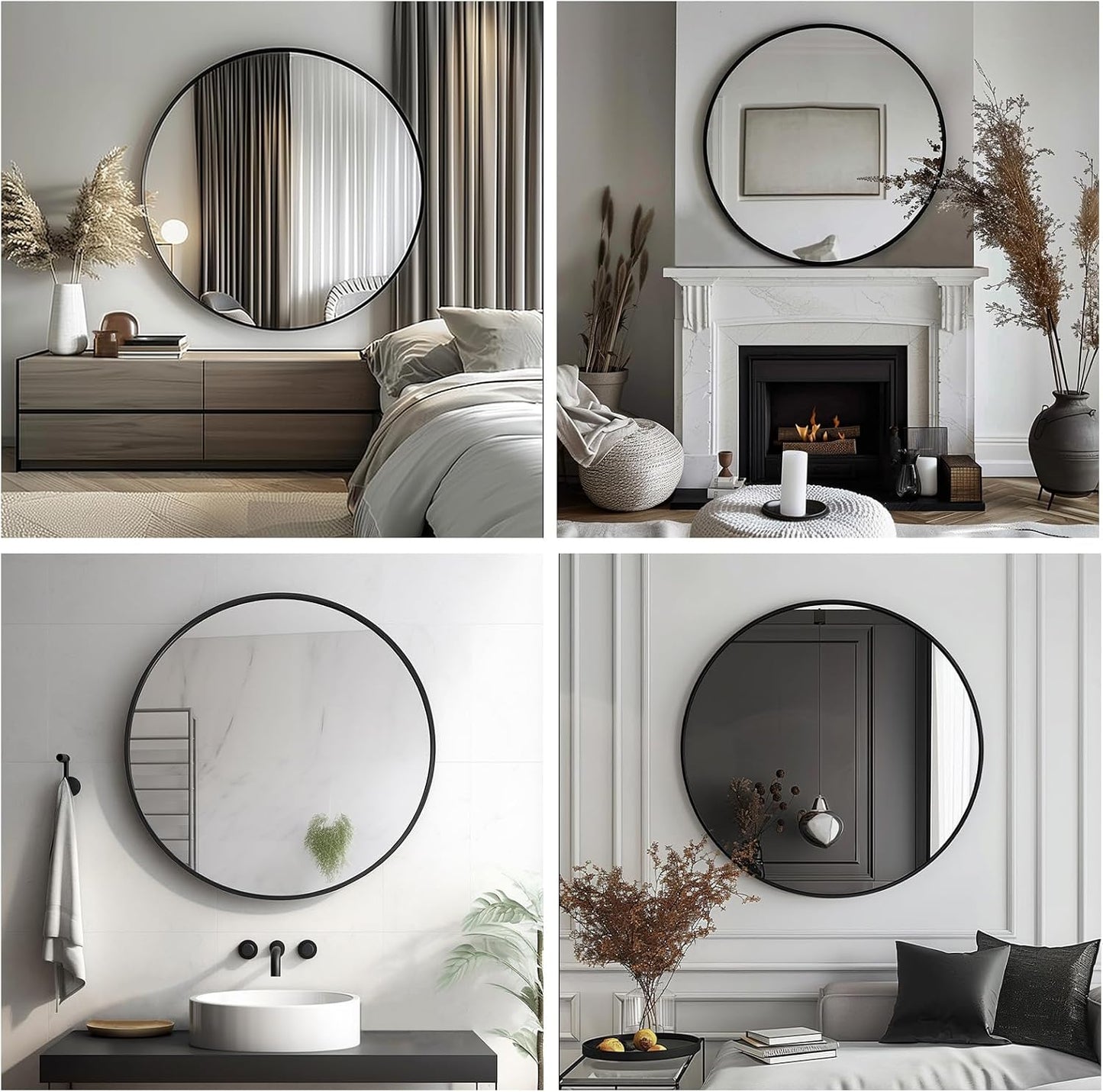 Sunniry Black Round Mirror, Round Mirror 24 inch, Matte Black Metal Frame