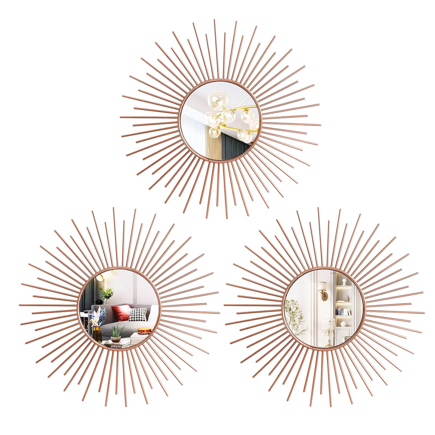 3 Pack Metal Mirrors for Wall Sunburst Wall Mirrors Home Décor Decorative Hanging Wall Art for Living Room Bedroom Entryway (Gold, Flower+Sunburst)