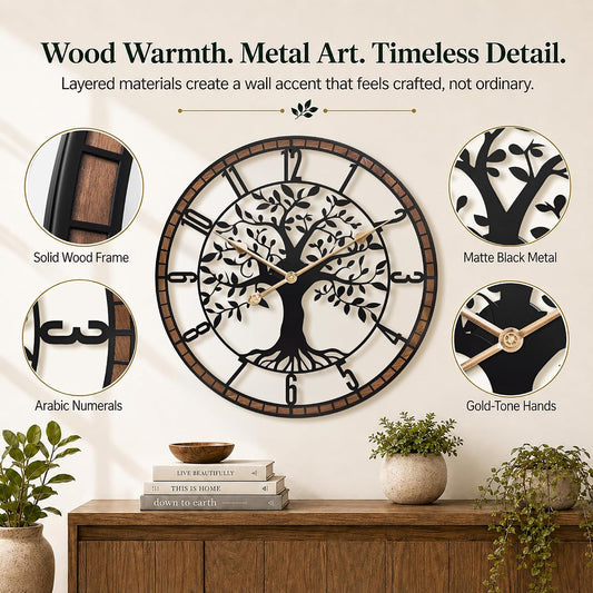 24 Inch Large Modern Metal Tree Wall Clock for Living Room Decor,Wood Frame