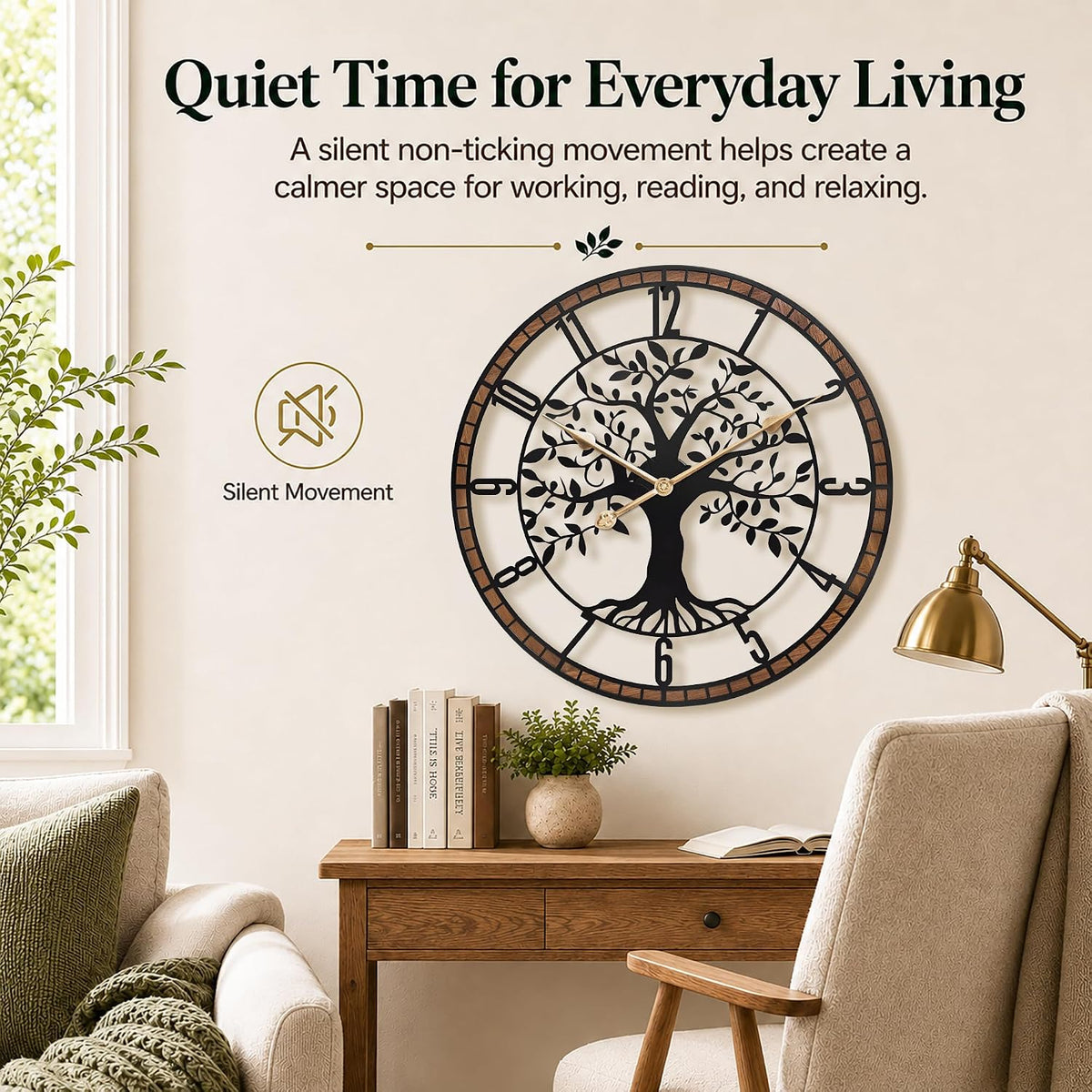 24 Inch Large Modern Metal Tree Wall Clock for Living Room Decor,Wood Frame