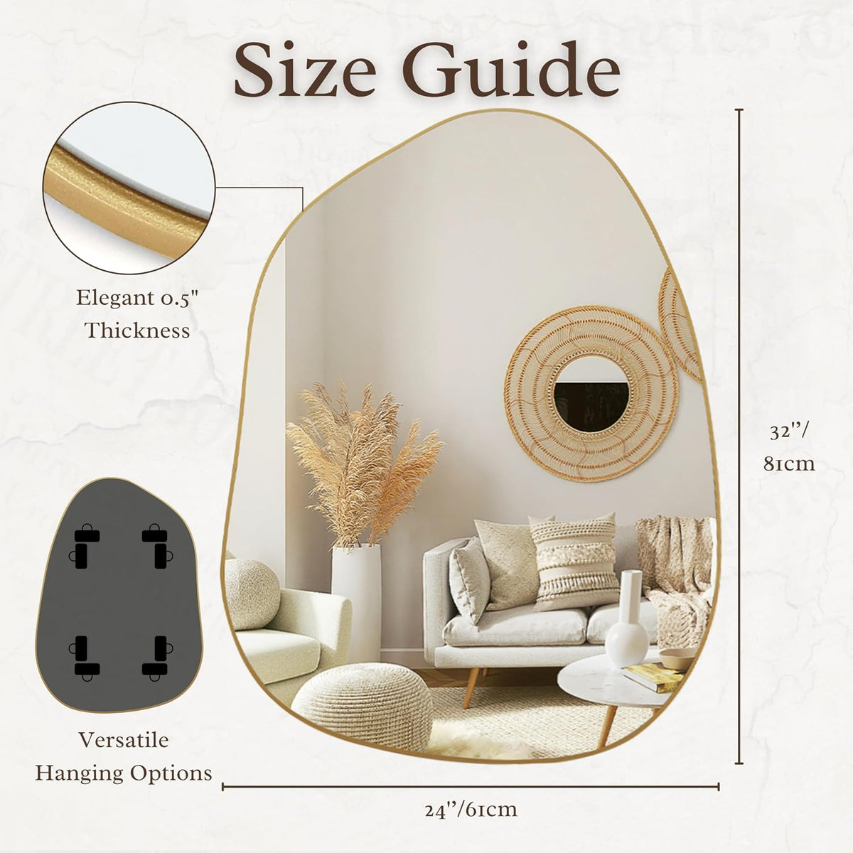 PERFNIQUE Irregular Asymmetrical Wall Mirror, 32"x24" Gold Bathroom Mirror