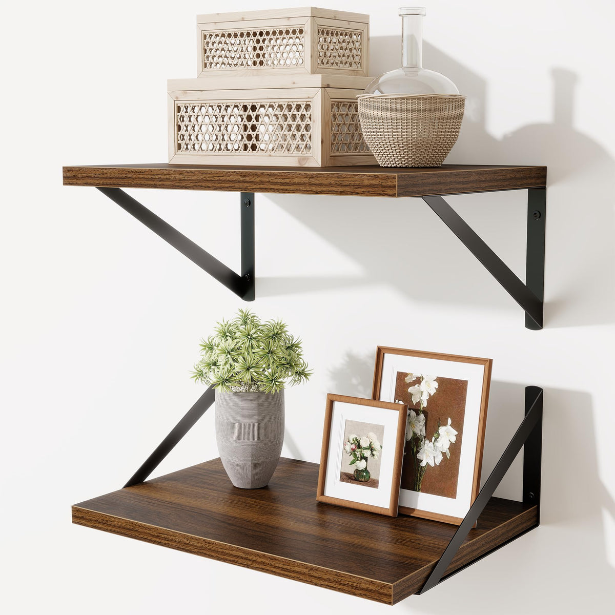 Acovy Deep Floating Shelves Wall Mounted, 36"x12" Brown Wood Shelves with Brackets Set of 2 for Bedroom, Living Room, Bathroom, Kitchen, Office - Storage & Display Shelf for Decor, Books, Plants
