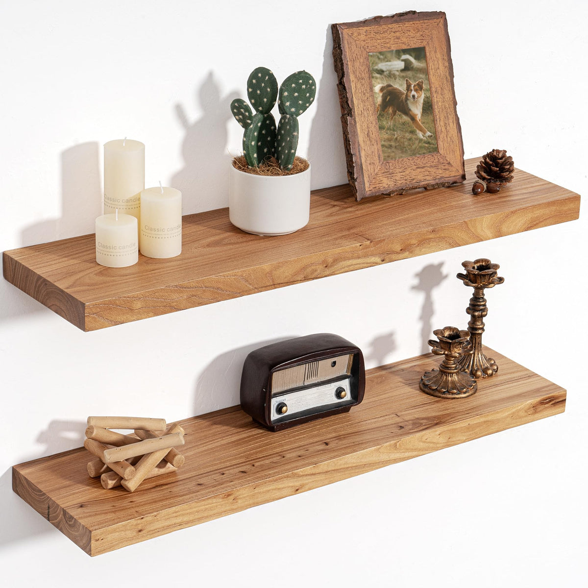 Floating Shelves for Wall Decor, Rustic Solid Elm Wood Live Edge Floating Shelves Wall Mounted, Wall Shelves with Invisible Bracket for Living Room Bathroom Bedroom Kitchen, 24 Inch Set of 2, Natural