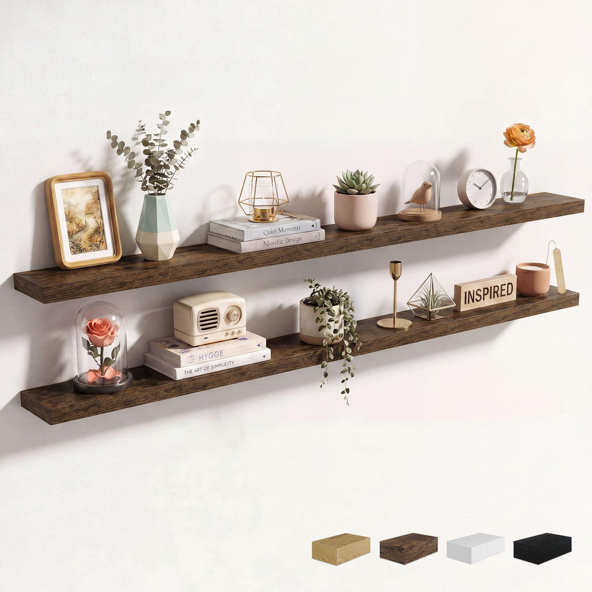 Axeman 72Inch Floating Shelves for Wall 2 Pack Shelves for Kitchen Bathroom Bedroom, Wooden Shelves with Invisible Brackets, Wall Mounted Rustic Wood Floating Shelf for Decor Books Storage, Brown