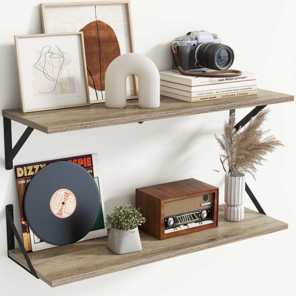 Acovy Deep Floating Shelves Wall Mounted, 36"x12" Brown Wood Shelves with Brackets Set of 2 for Bedroom, Living Room, Bathroom, Kitchen, Office - Storage & Display Shelf for Decor, Books, Plants