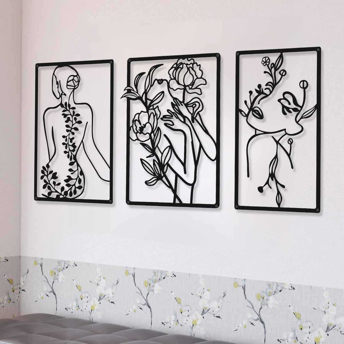 CHENGU 3 Pieces Metal Minimalist Abstract Woman Wall Art Line Drawing Wall Art Decor Single Line Female Home Hanging for Kitchen Bathroom Living Room