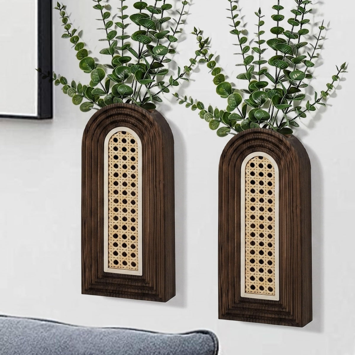 Dnnnii 2 Pack Wooden Wall Vase Set - Brown Finish Modern Farmhouse & Boho Wall Decor for Entryway, Hallway, Bathroom, Living Room, Dining Room, Narrow Spaces