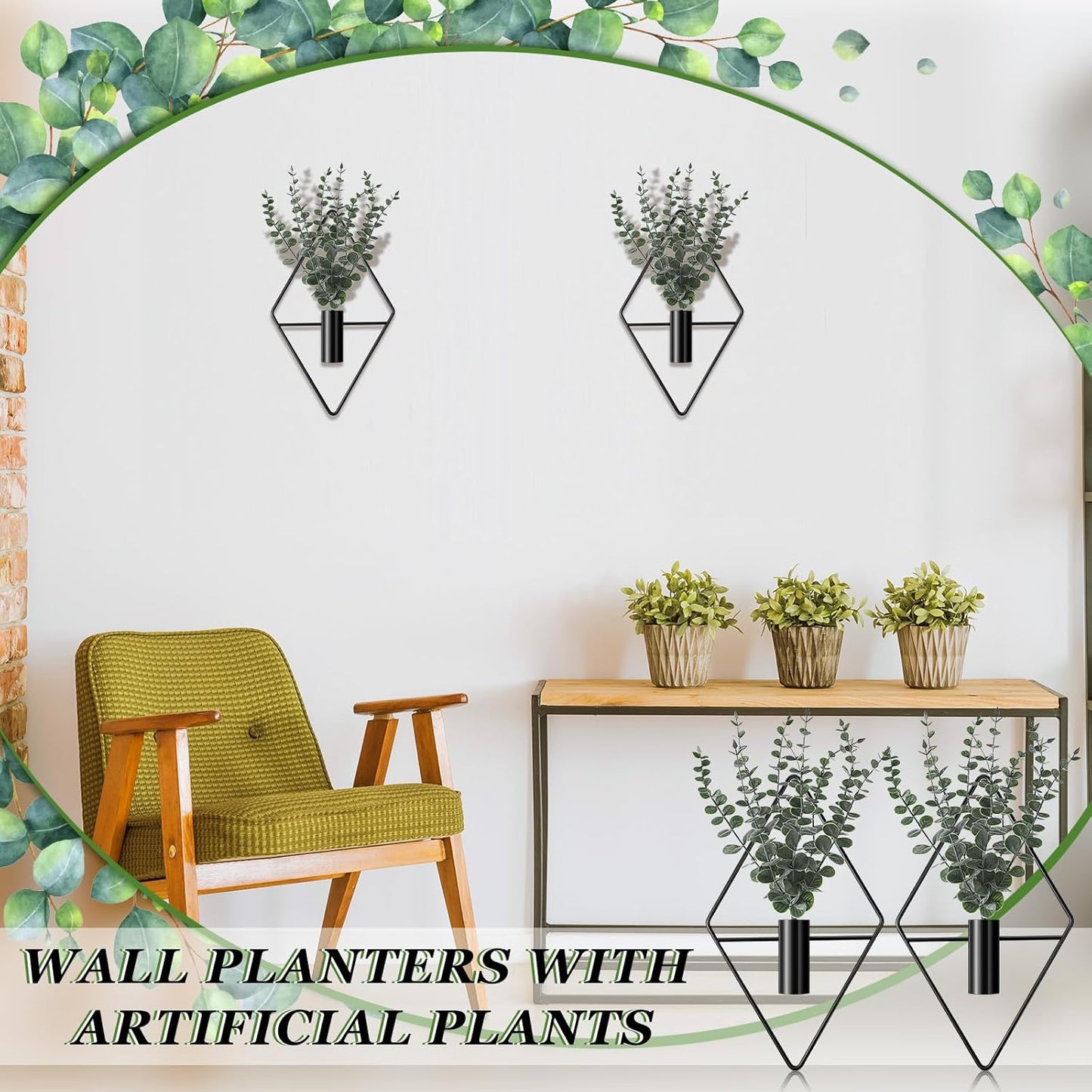 Jexine 4 Pcs Hanging Artificial Planters Wall Decor, Black, Eucalyptus