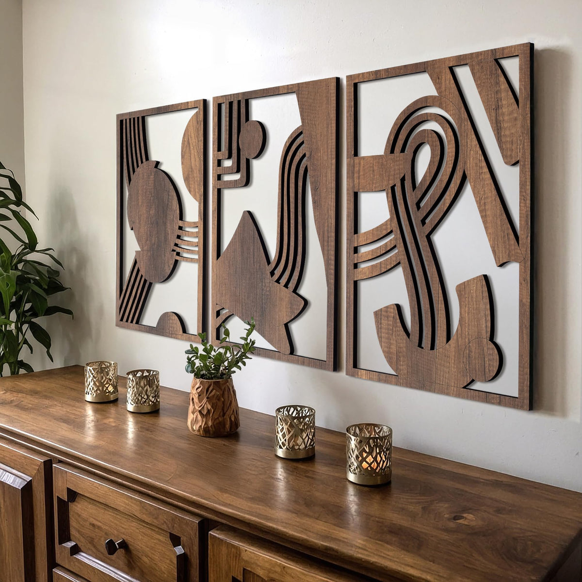qmmp Modern Wooden Wall Sculptures - Set of 3 - Home Decor Accent - Large Wall Art for Living Room, Bedroom, Office - Easy Installation (Walnut, Large - Tree Leaves)