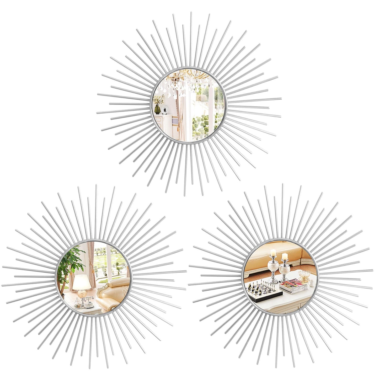 3 Pack Metal Mirrors for Wall Sunburst Wall Mirrors Home Décor Decorative Hanging Wall Art for Living Room Bedroom Entryway (Gold, Flower+Sunburst)