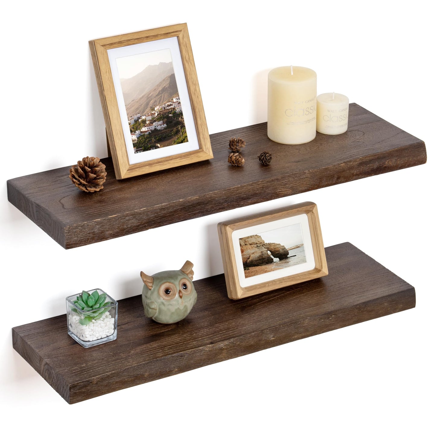 Floating Shelves for Wall Decor, Rustic Solid Elm Wood Live Edge Floating Shelves Wall Mounted, Wall Shelves with Invisible Bracket for Living Room Bathroom Bedroom Kitchen, 24 Inch Set of 2, Natural