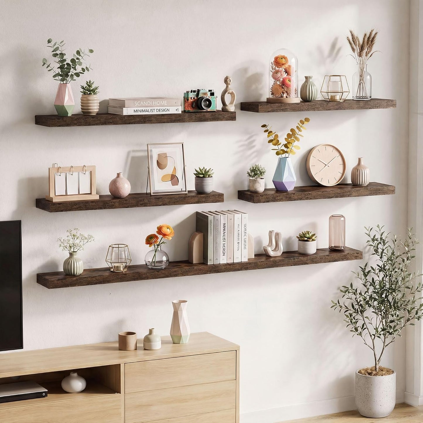 Axeman 72Inch Floating Shelves for Wall 2 Pack Shelves for Kitchen Bathroom Bedroom, Wooden Shelves with Invisible Brackets, Wall Mounted Rustic Wood Floating Shelf for Decor Books Storage, Brown