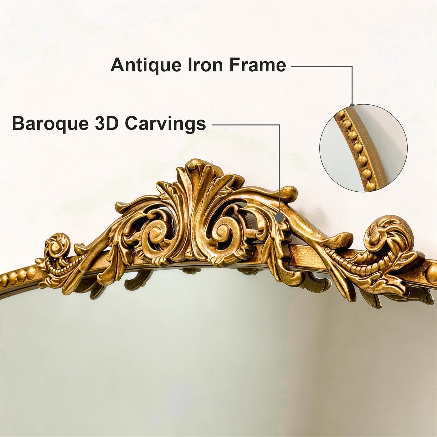 Vintage Gold Baroque Arched Metal Wall Mirror 48"x30"
