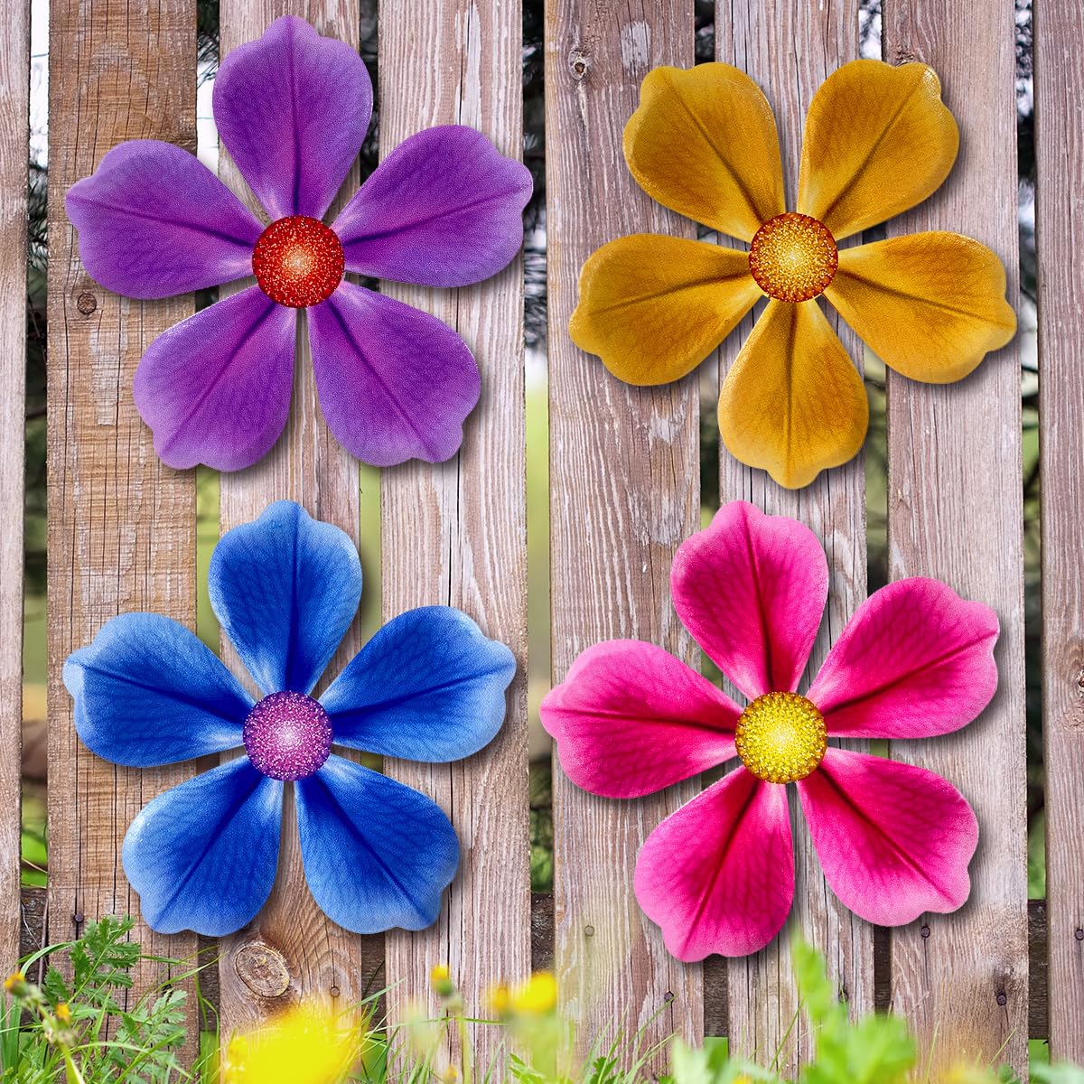 Giyyomtr Metal Flowers Wall Decor - 4pcs 6.2'' Metal Wall Art Hanging Decorations for Outdoor Fence Garden Yard Patio Exterior Home Wall Decor