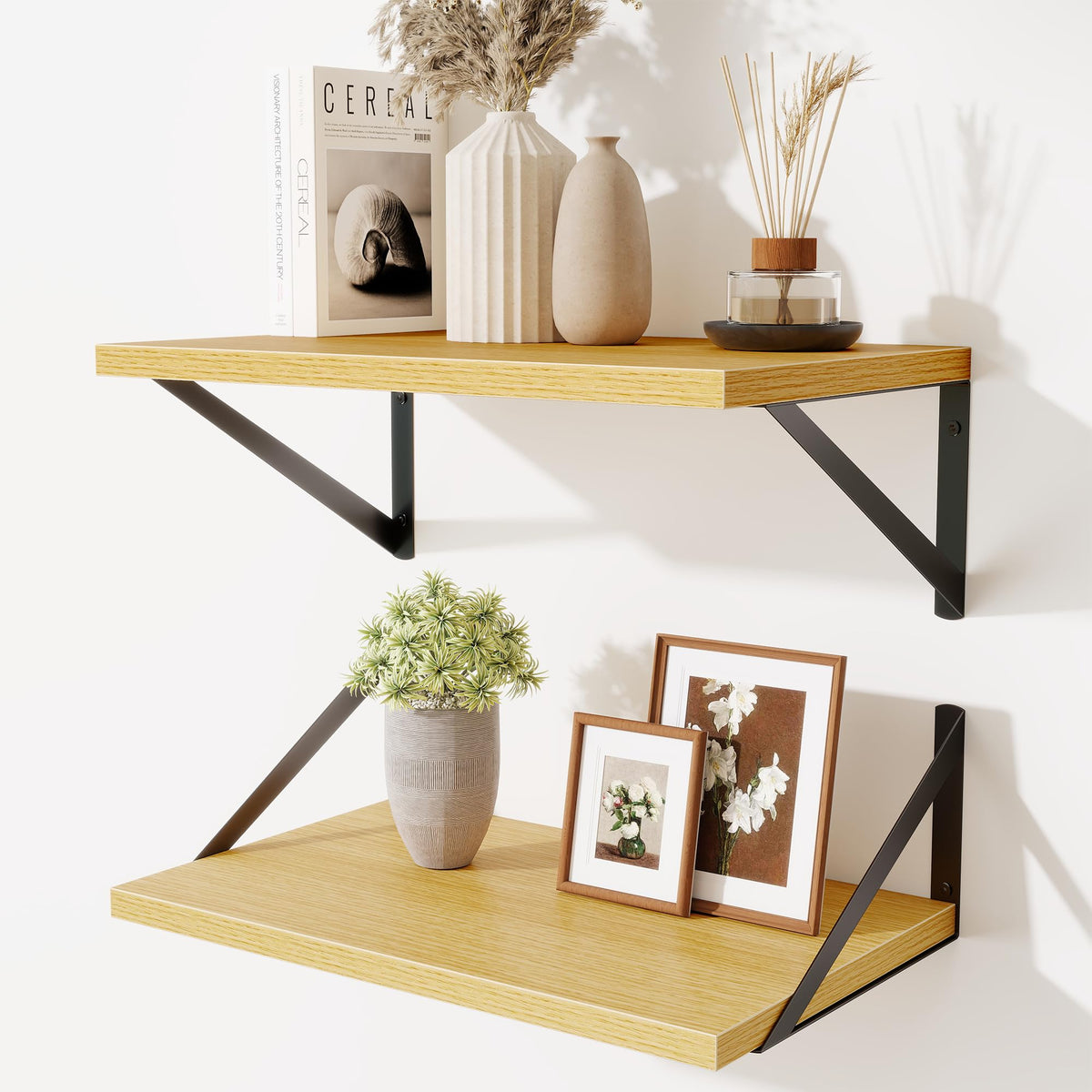 Acovy Deep Floating Shelves Wall Mounted, 36"x12" Brown Wood Shelves with Brackets Set of 2 for Bedroom, Living Room, Bathroom, Kitchen, Office - Storage & Display Shelf for Decor, Books, Plants