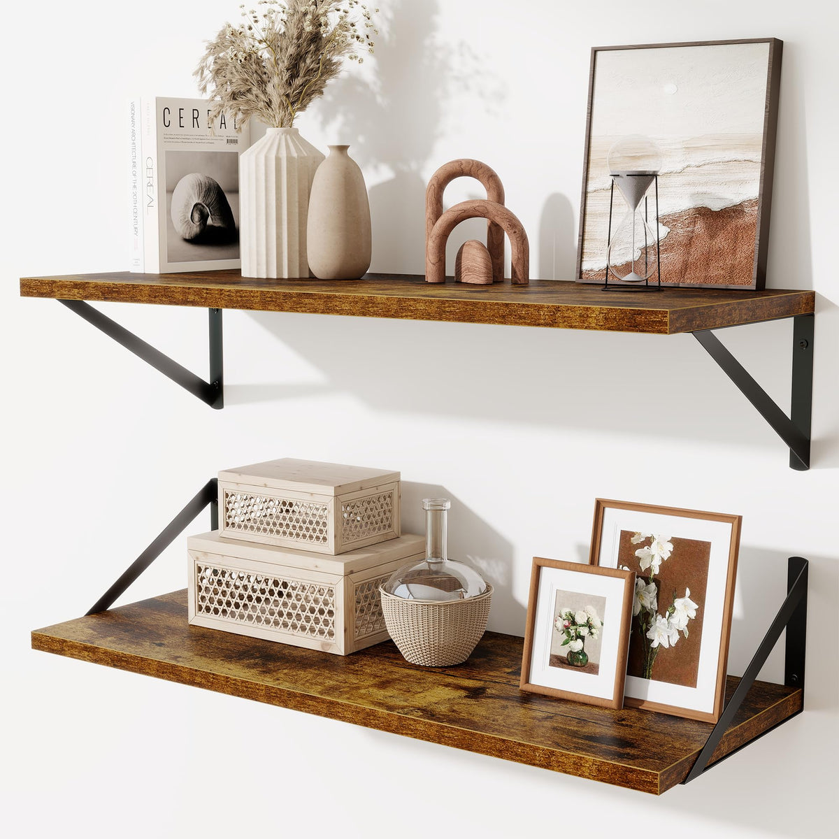 Acovy Deep Floating Shelves Wall Mounted, 36"x12" Black Wall Shelves with Brackets Set of 2 for Bedroom, Living Room, Bathroom, Kitchen, Office - Storage & Display Shelf for Decor, Books, Plants