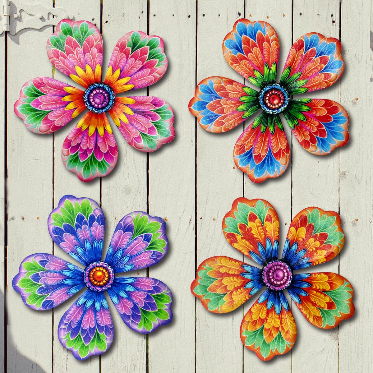Giyyomtr Metal Flowers Wall Decor - 4pcs 6.2'' Metal Wall Art Hanging Decorations for Outdoor Fence Garden Yard Patio Exterior Home Wall Decor