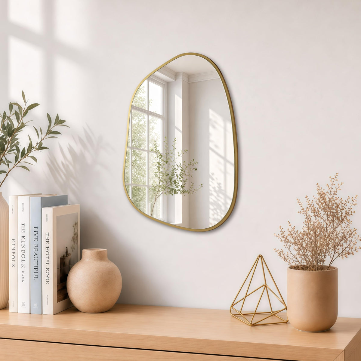 PERFNIQUE Irregular Asymmetrical Wall Mirror, 32"x24" Gold Bathroom Mirror