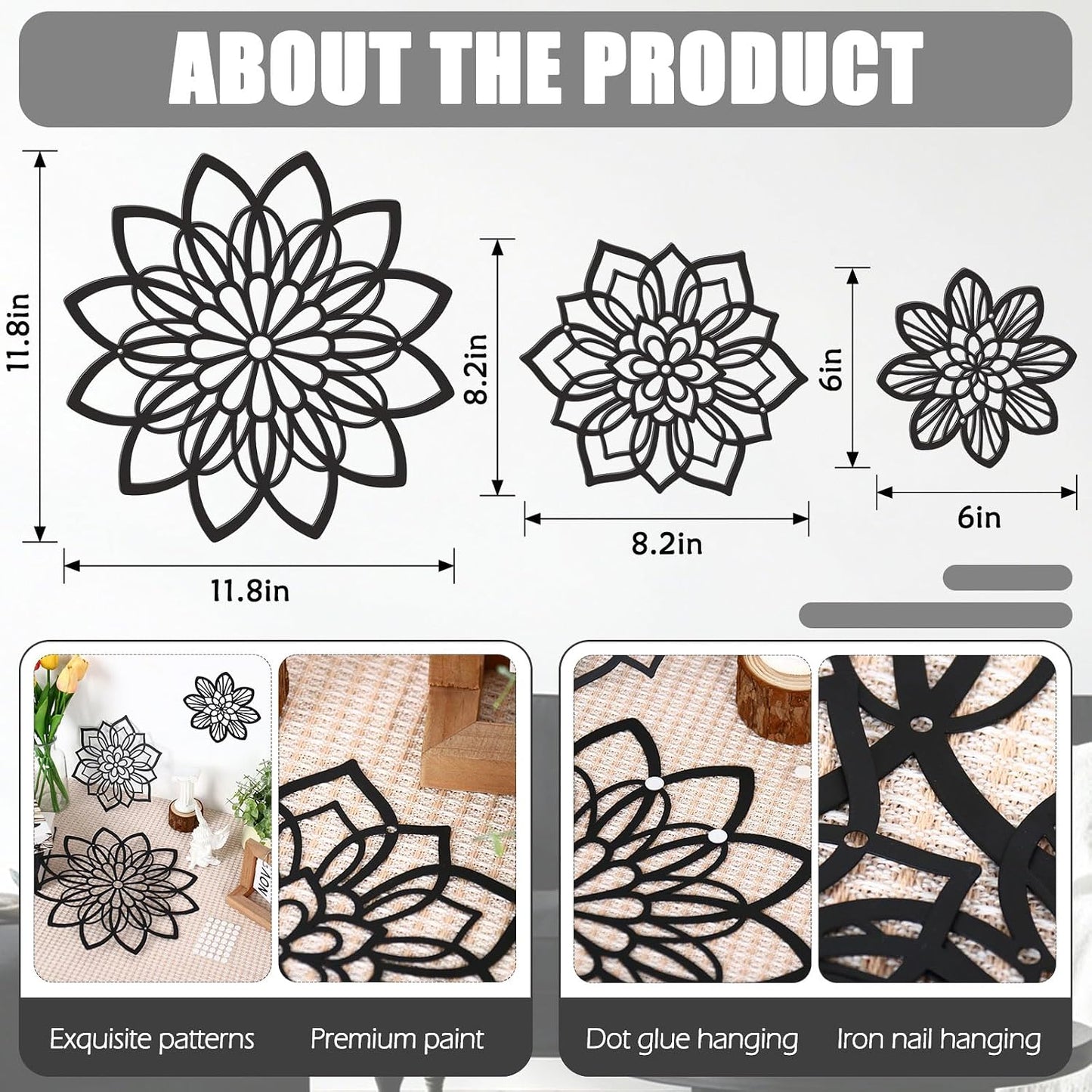 Zzbakress 3 Pcs Metal Flowers Wall Art Bathroom Wall Decor, Black Elegant