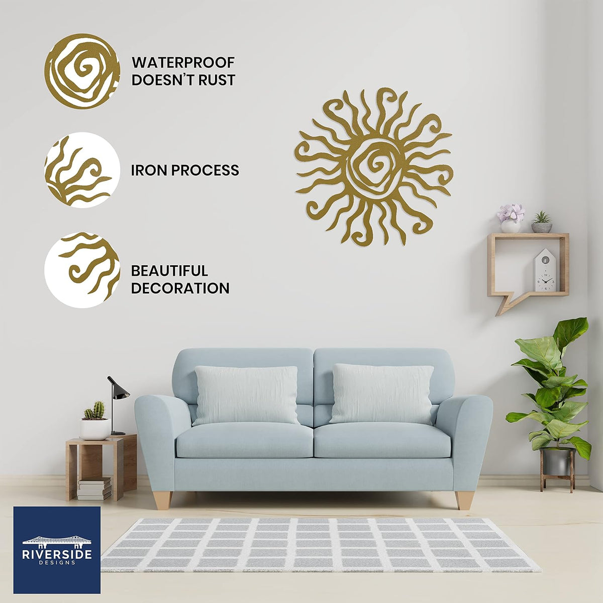 Riverside Designs Wacky Sun Metal Wall Art Indoor/Outdoor Decor - 12" Gold Rust Proof Wall Sculpture - Made in USA - Ideal for Bedroom, Garden, Home, Patio and Farmhouse