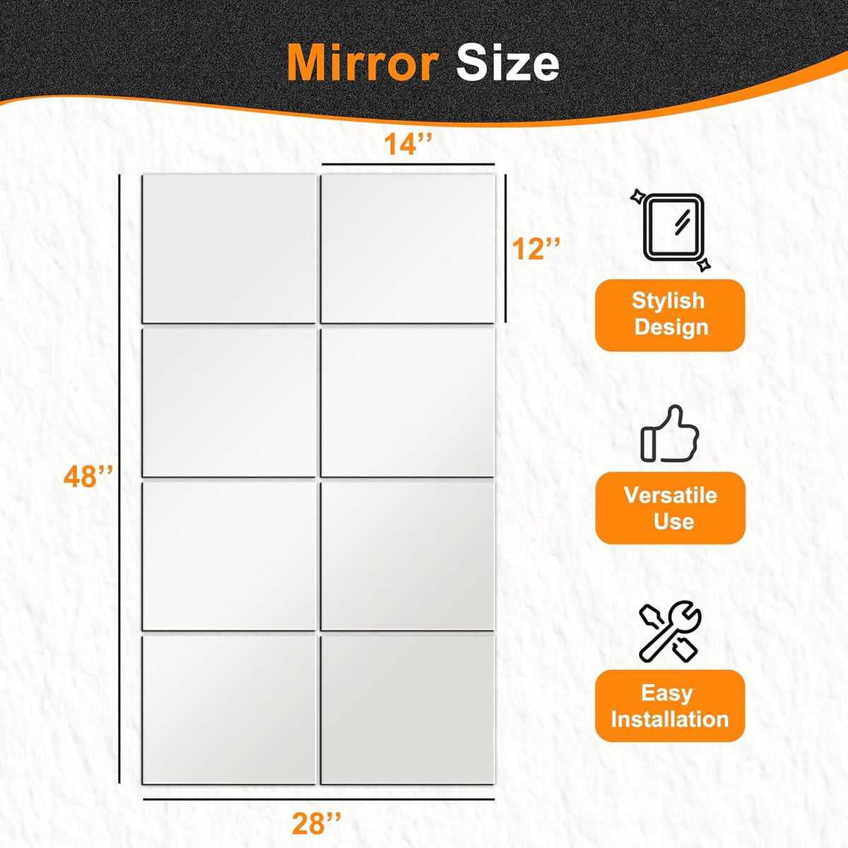 Delma Frameless Mirror Tiles 14"x12"x8 Pcs Wall Mounted
