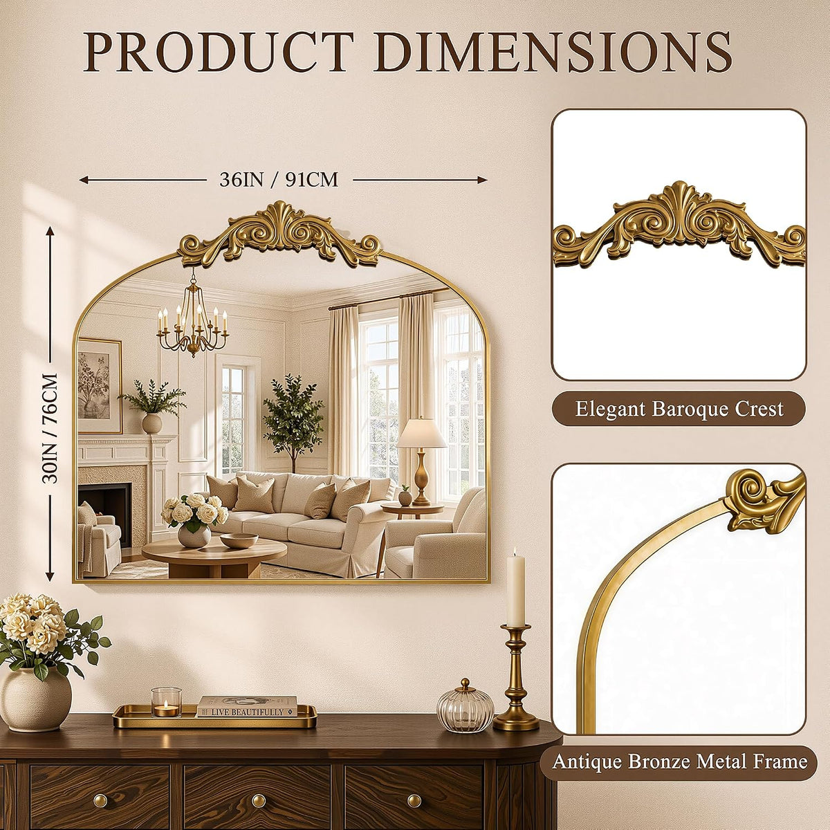 Vintage Bronze Arched Wall Mirror, 30"x36" Antique Metal Frame