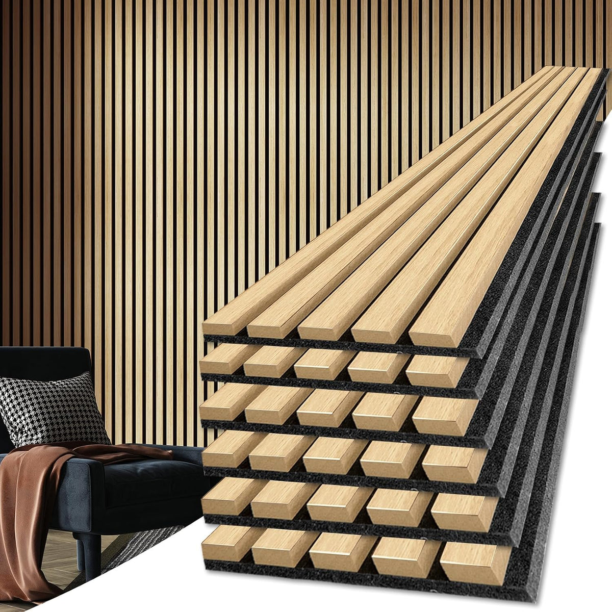 Art3d 6-Pack Soundproof Wood Slat Wall Panels, 94.5 x 7.9 Inch, Walnut