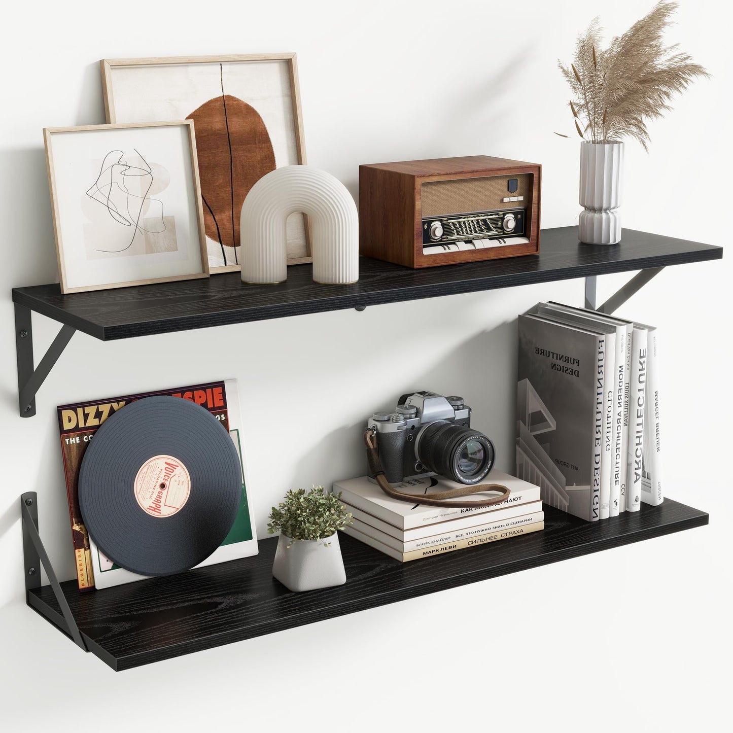 Acovy Deep Floating Shelves Wall Mounted, 36"x12" Brown Wood Shelves with Brackets Set of 2 for Bedroom, Living Room, Bathroom, Kitchen, Office - Storage & Display Shelf for Decor, Books, Plants