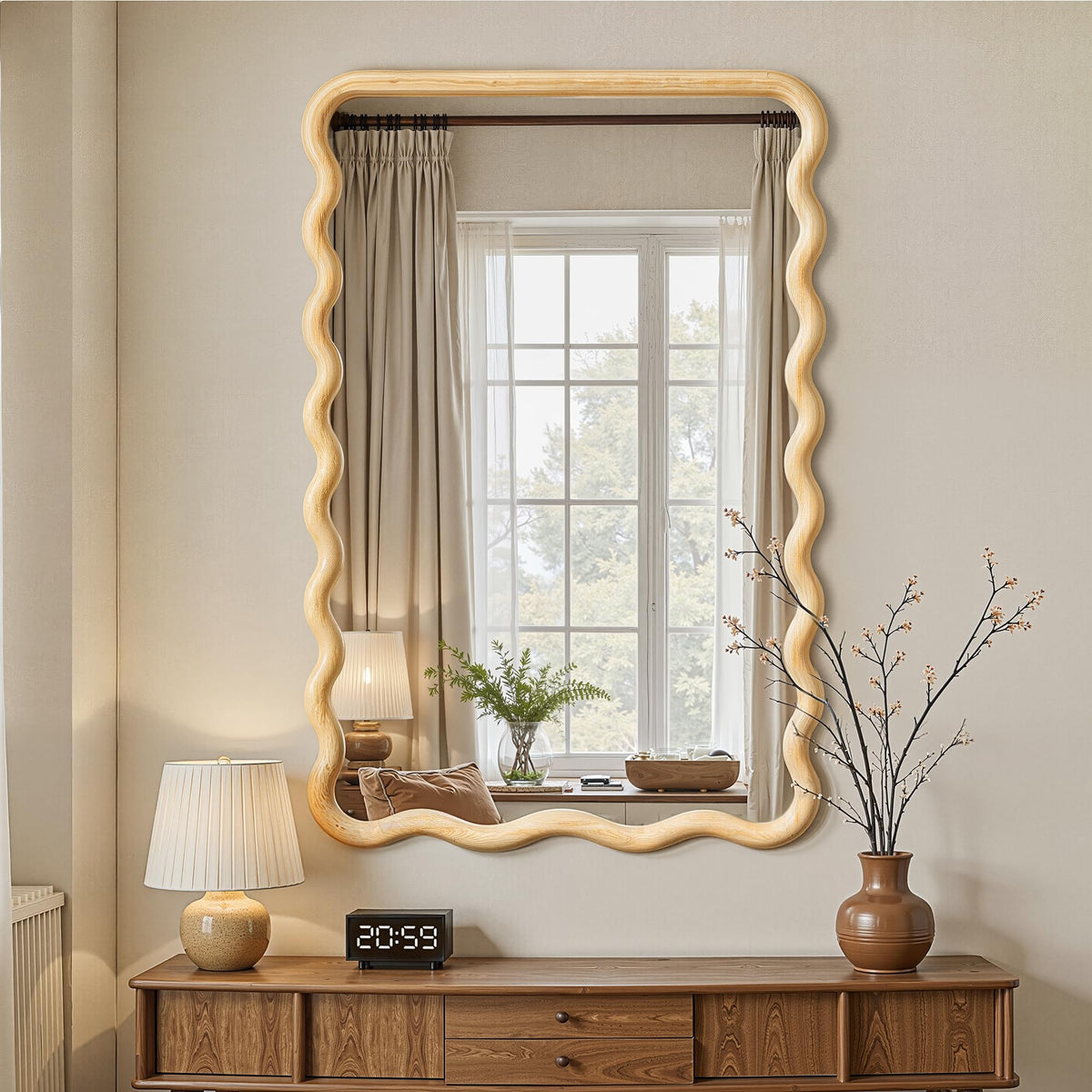 Full Length Mirror, 55”x28” Wavy Wood Floor Mirror for Wall