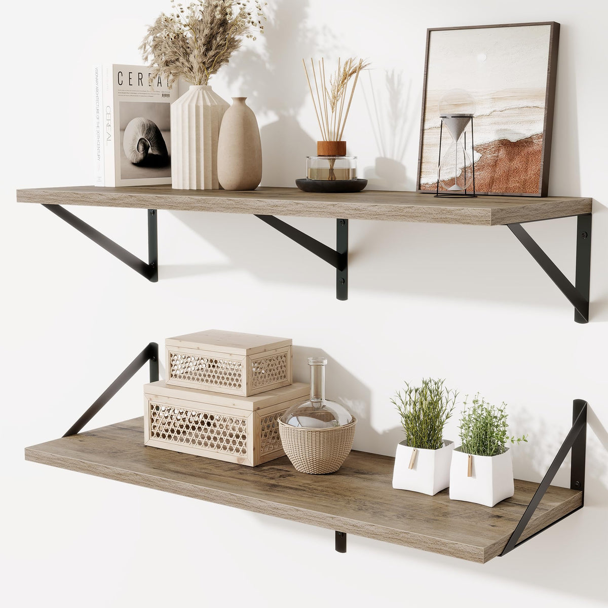 Acovy Deep Floating Shelves Wall Mounted, 36"x12" Brown Wood Shelves with Brackets Set of 2 for Bedroom, Living Room, Bathroom, Kitchen, Office - Storage & Display Shelf for Decor, Books, Plants