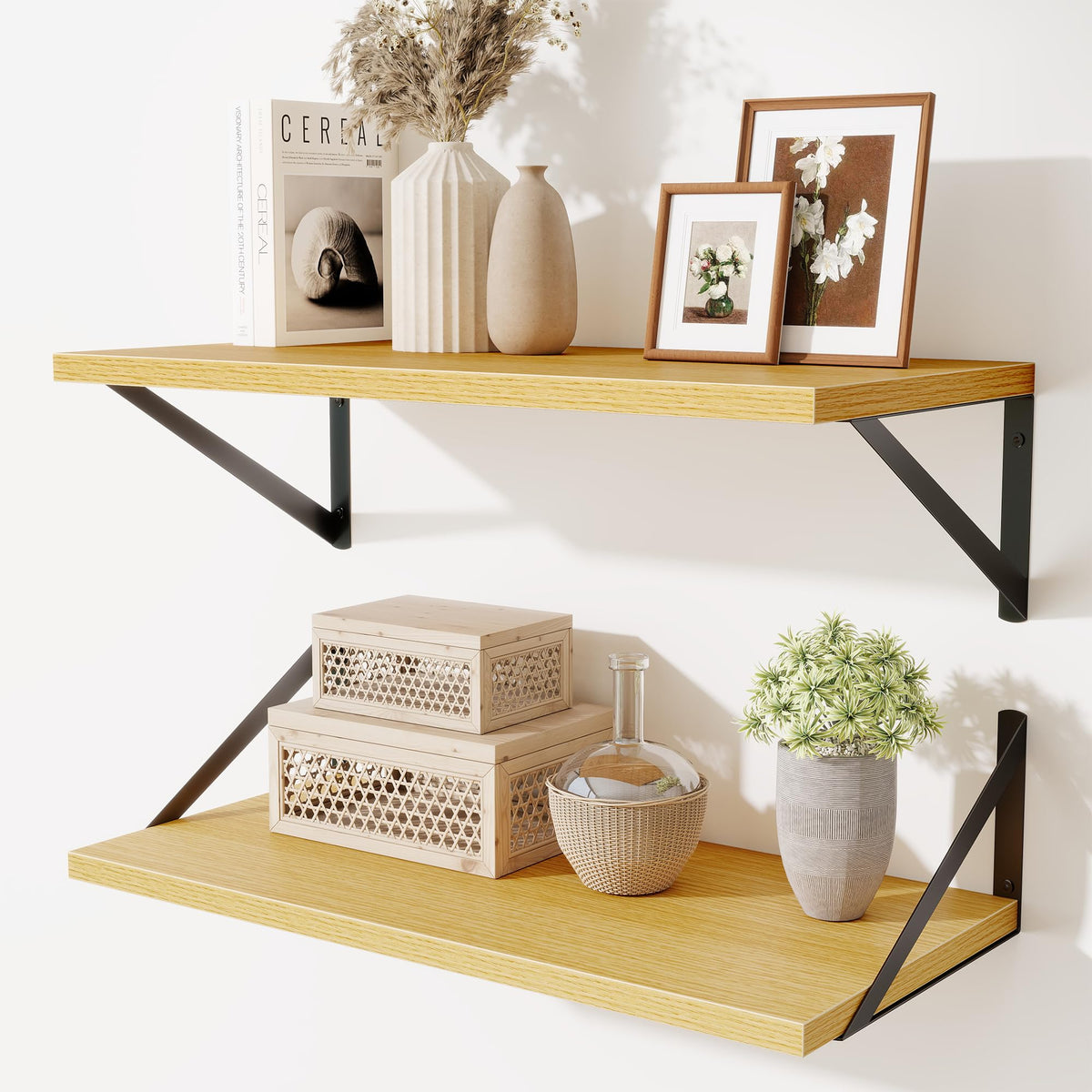 Acovy Deep Floating Shelves Wall Mounted, 36"x12" Black Wall Shelves with Brackets Set of 2 for Bedroom, Living Room, Bathroom, Kitchen, Office - Storage & Display Shelf for Decor, Books, Plants