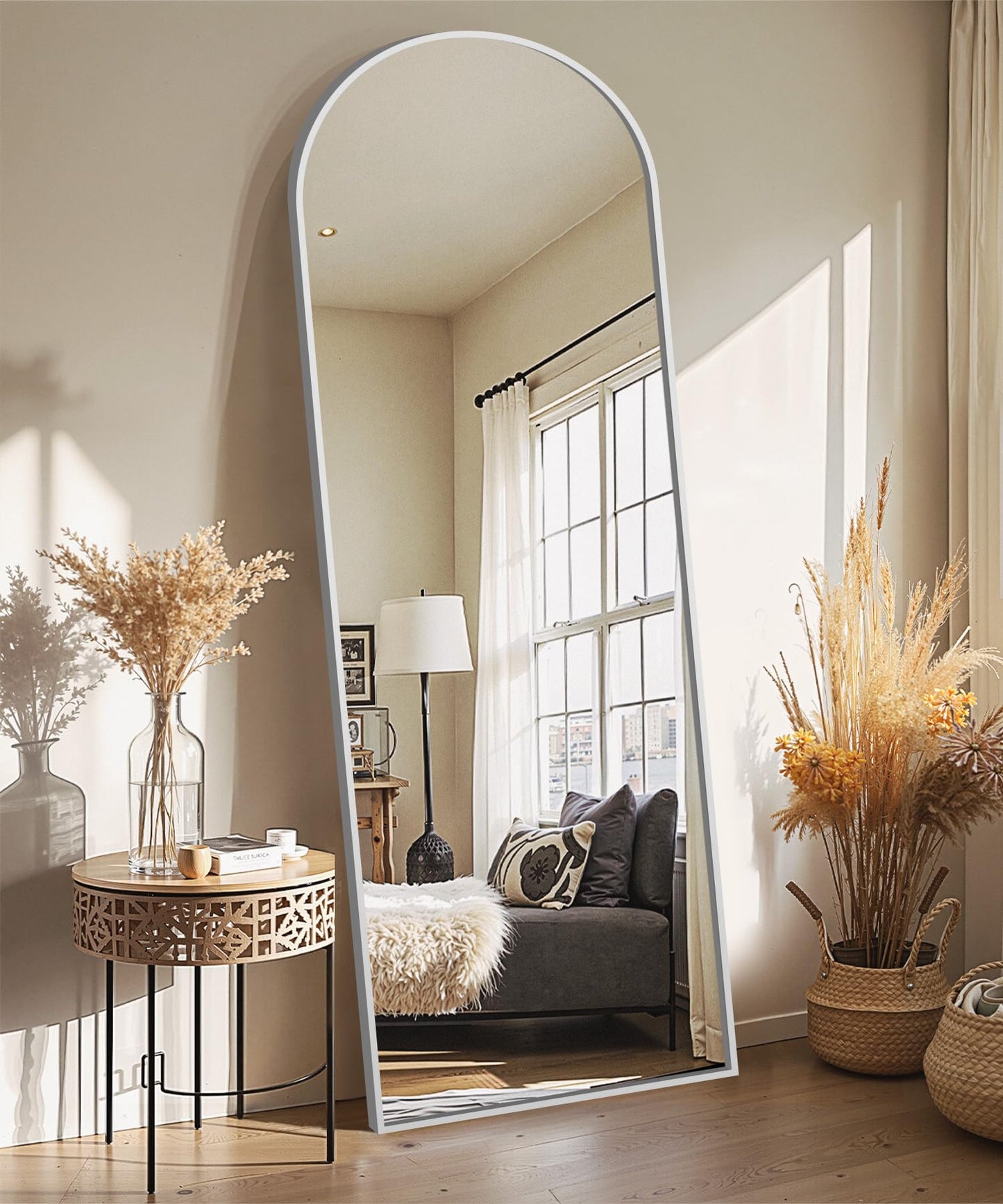 Delma Arched Full Length Mirror with Stand, Black Floor Mirror