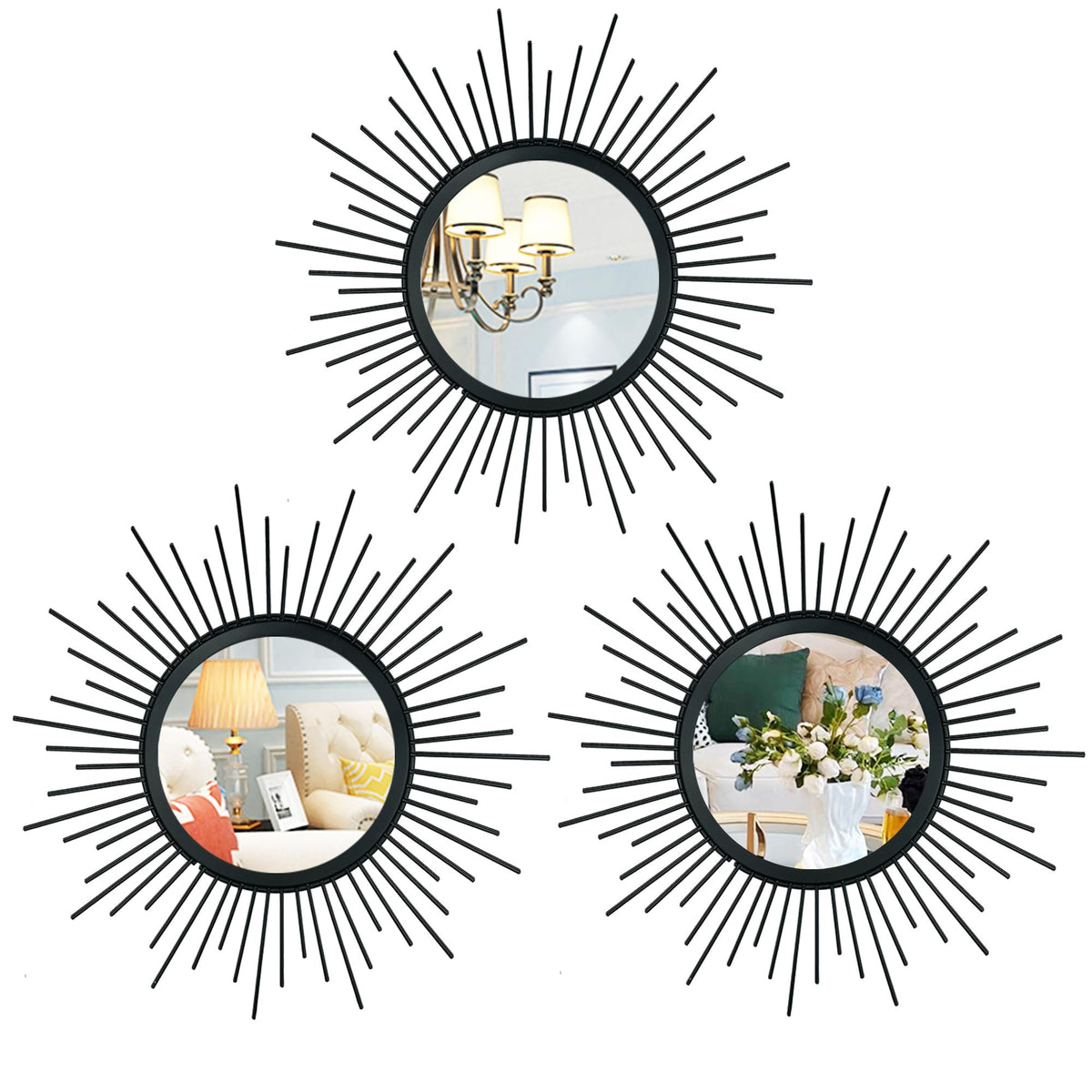 3 Pack Metal Mirrors for Wall Sunburst Wall Mirrors Home Décor Decorative Hanging Wall Art for Living Room Bedroom Entryway (Gold, Flower+Sunburst)