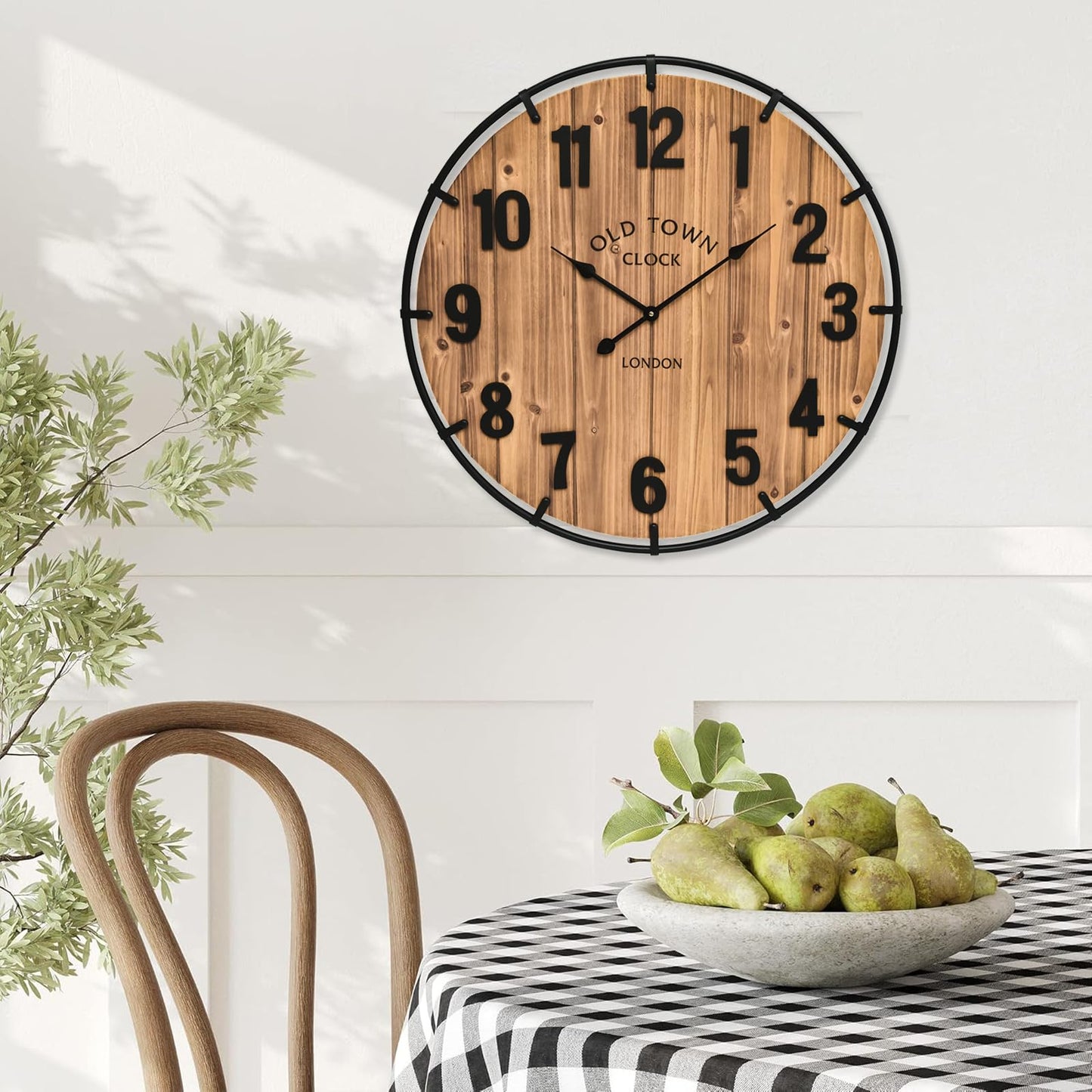 24 Inch Farmhouse Wall Clock Large Old Town Vintage Rustic Wooden Clock with Metal Rim and Large Numerals, Silent Battery-Operated for Office, Kitchen, Bedroom, and Living Room