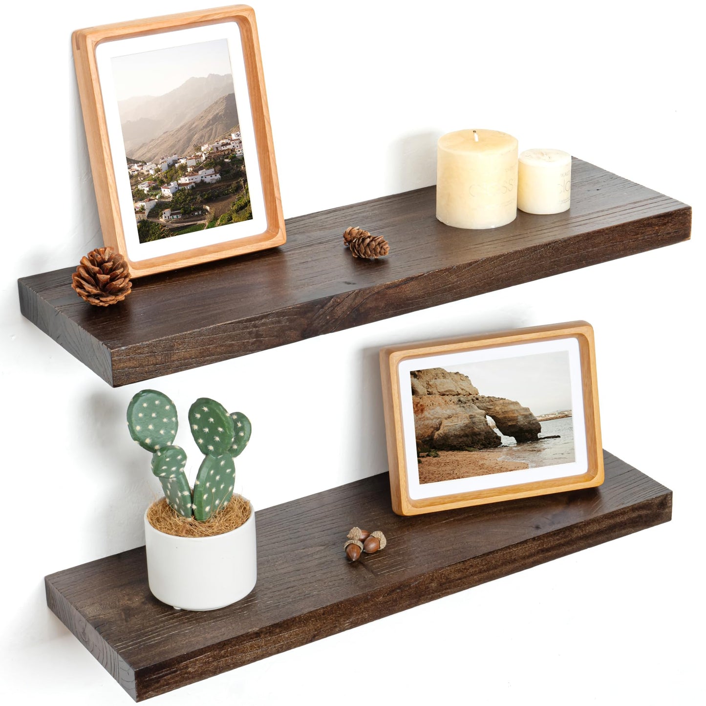 Floating Shelves for Wall Decor, Rustic Solid Elm Wood Live Edge Floating Shelves Wall Mounted, Wall Shelves with Invisible Bracket for Living Room Bathroom Bedroom Kitchen, 24 Inch Set of 2, Natural