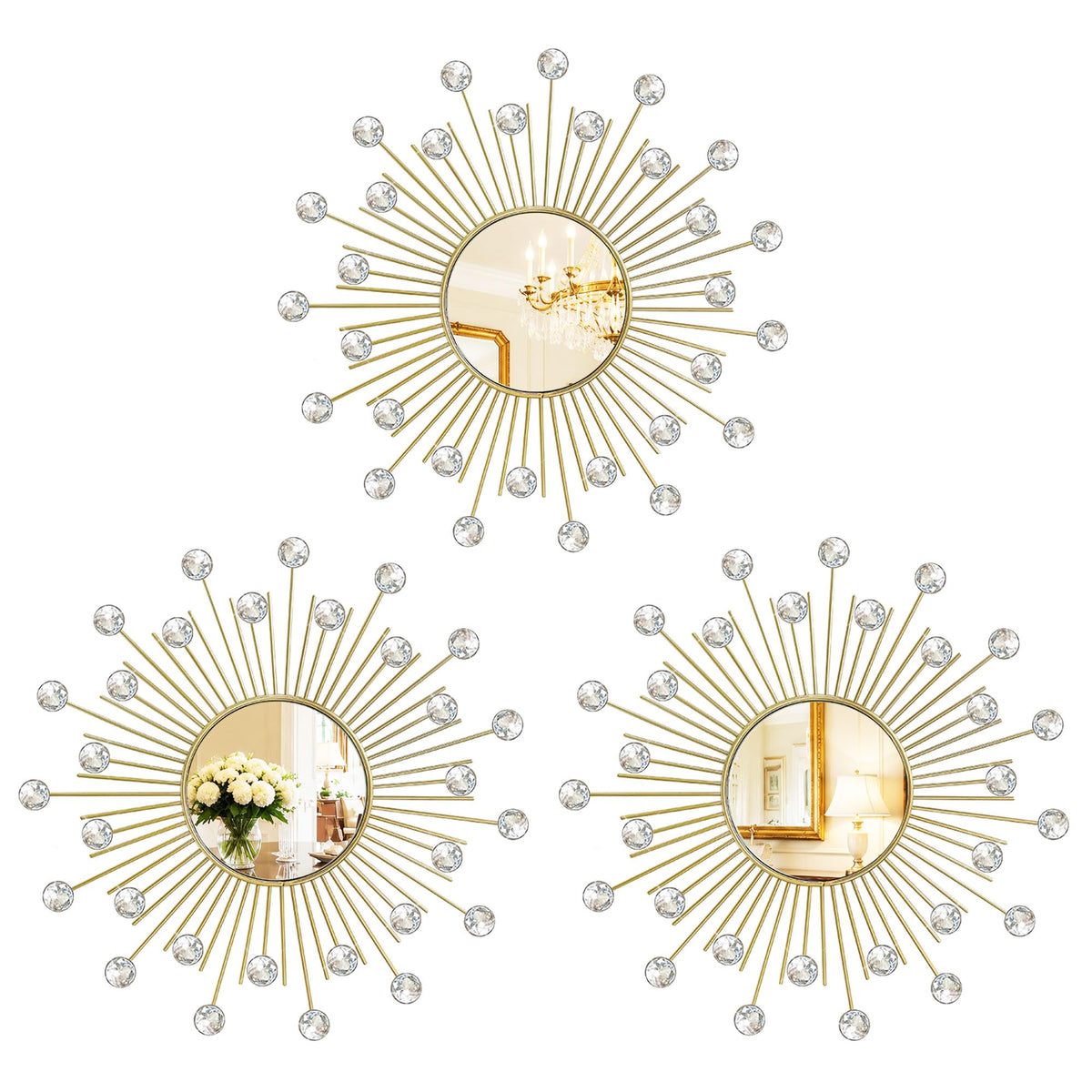 3 Pack Metal Mirrors for Wall Sunburst Wall Mirrors Home Décor Decorative Hanging Wall Art for Living Room Bedroom Entryway (Gold, Flower+Sunburst)