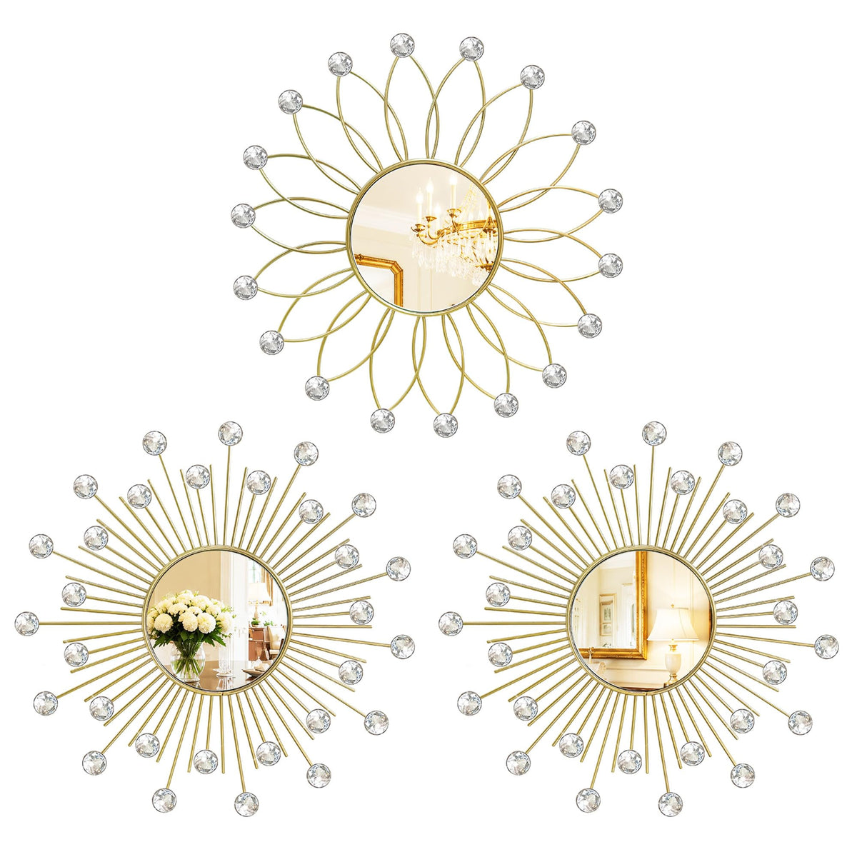 3 Pack Metal Mirrors for Wall Sunburst Wall Mirrors Home Décor Decorative Hanging Wall Art for Living Room Bedroom Entryway (Gold, Flower+Sunburst)