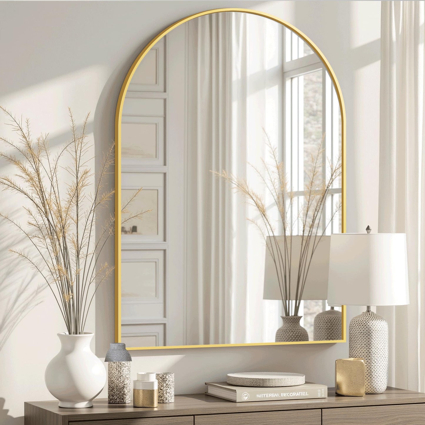Arched Full Length Mirror, 56"x15" Standing Body Mirror for Wall, Gold