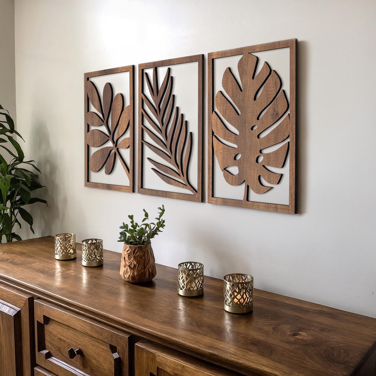qmmp Modern Wooden Wall Sculptures - Set of 3 - Home Decor Accent - Large Wall Art for Living Room, Bedroom, Office - Easy Installation (Walnut, Large - Tree Leaves)