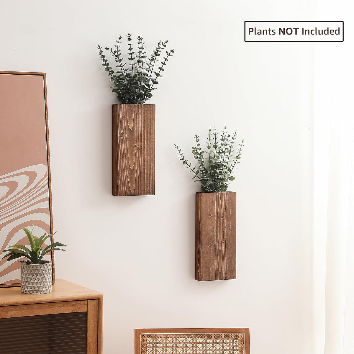 Wood Wall Planter Set of 2, Wood Wall Pocket for Greenery and Dried Flowers, Indoor Hanging Vase, Modern Farmhouse Wall Decor for Living Room Bedroom Office Eucalyptus Stems Decorations (Walnut)