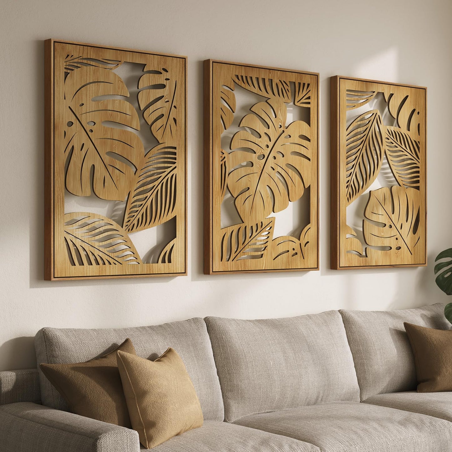 Framed Boho Cutout Carved Wood Wall Art Decor for Living Room, 24x36 Inch