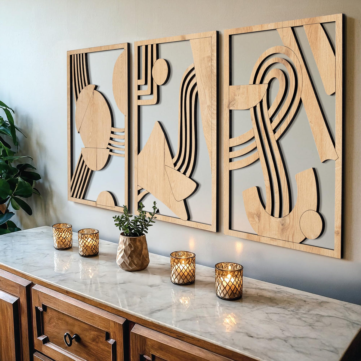 qmmp Modern Wooden Wall Sculptures - Set of 3 - Home Decor Accent - Large Wall Art for Living Room, Bedroom, Office - Easy Installation (Walnut, Medium - Mountain and Sun)