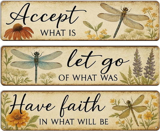 3 Pcs Retro Dragonfly Metal Tin Sign, Vintage Inspirational Quote Wall Art for Outdoor Garden, Bathroom, Home Decor, Unique Gift for Women