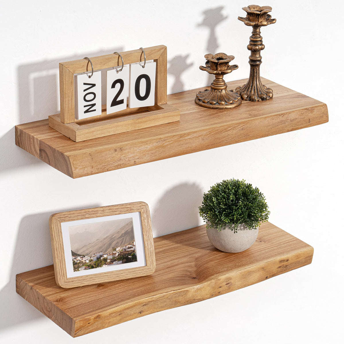 Floating Shelves for Wall Decor, Rustic Solid Elm Wood Live Edge Floating Shelves Wall Mounted, Wall Shelves with Invisible Bracket for Living Room Bathroom Bedroom Kitchen, 24 Inch Set of 2, Natural
