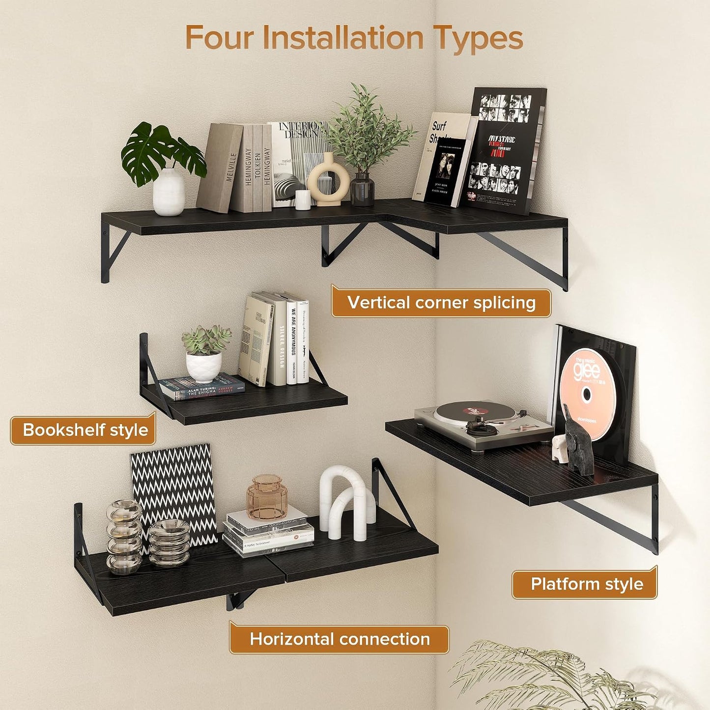 Acovy Deep Floating Shelves Wall Mounted, 36"x12" Black Wall Shelves with Brackets Set of 2 for Bedroom, Living Room, Bathroom, Kitchen, Office - Storage & Display Shelf for Decor, Books, Plants