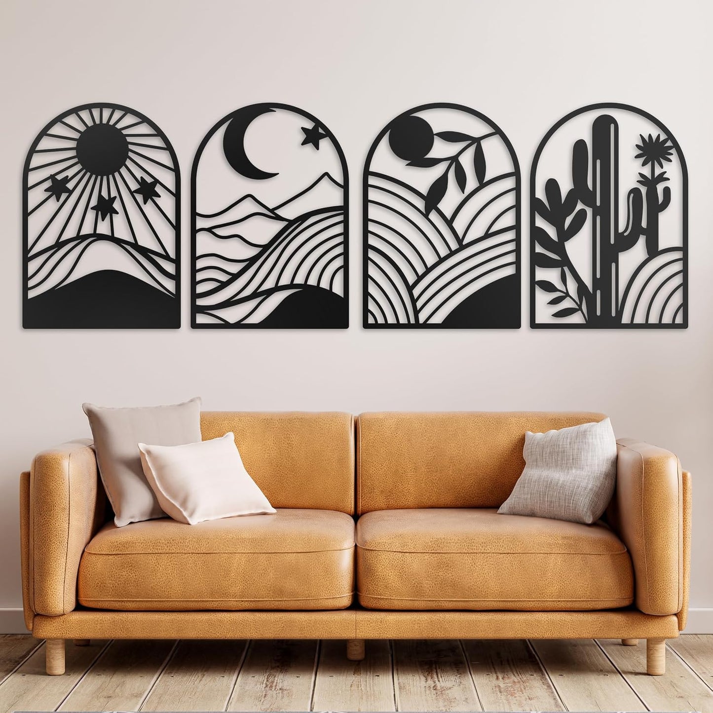 GALLERY GRACE Metal Wall Art Decor – 11" x 16", 4Pc Single Line Abstract Wall Art for Living Room, Bedroom, Office – Boho Minimalist Black Wall Decor Featuring Sun, Moon, Landscape & Desert Panels