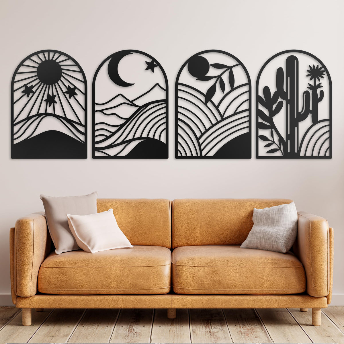 GALLERY GRACE Metal Wall Art Decor – 11" x 16", 4Pc Single Line Abstract Wall Art for Living Room, Bedroom, Office – Boho Minimalist Black Wall Decor Featuring Sun, Moon, Landscape & Desert Panels
