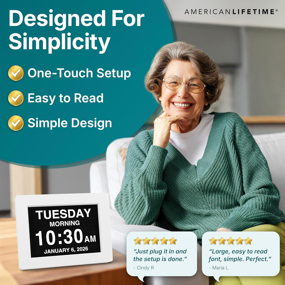 American Lifetime New 2026 Dementia Clock Large for Seniors, Digital Clock Large Display with Custom Alarms, Clock with Day & Date for Elderly, Number Digital Clock 12 Inches White