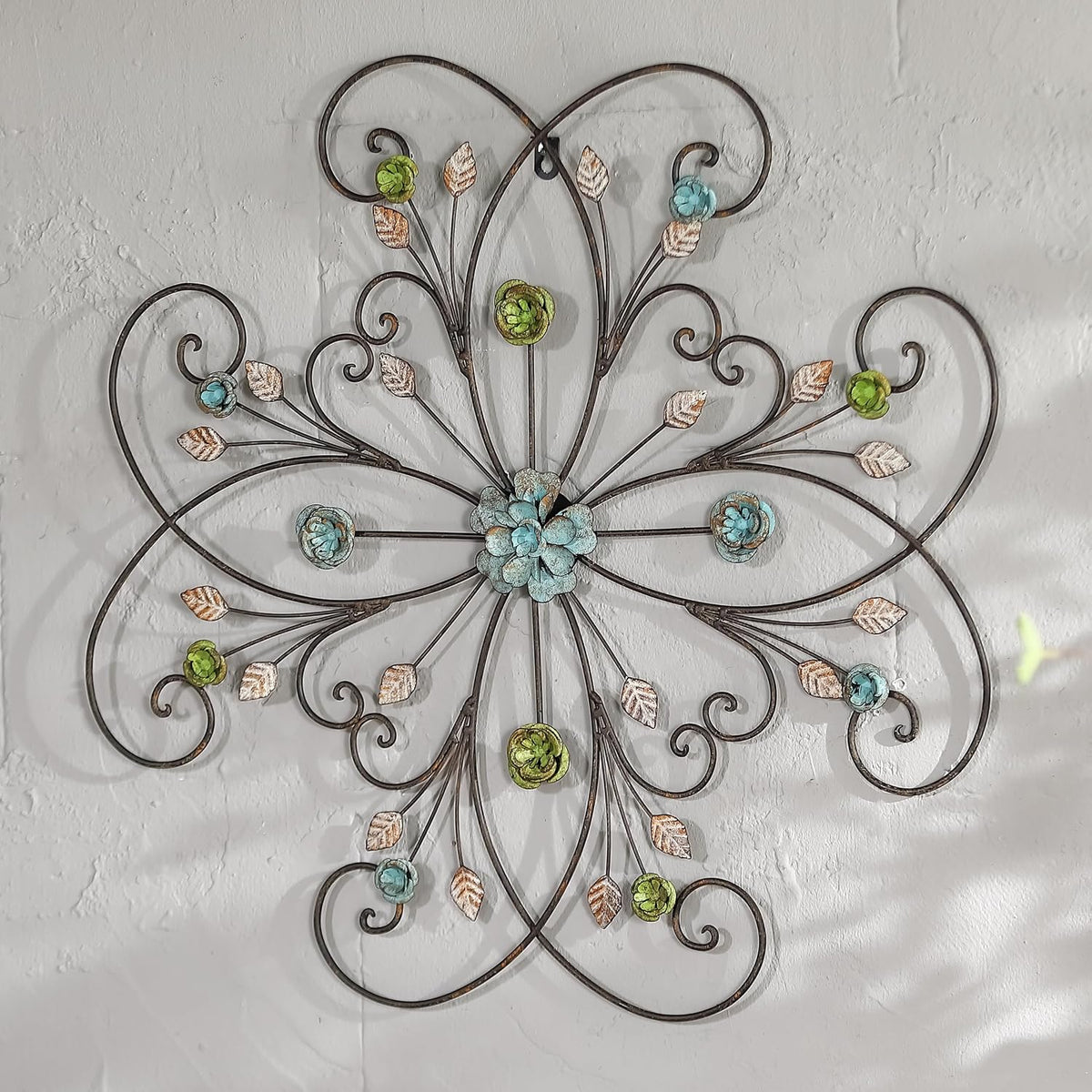 Phaxth 24" Metal Flower Wall Art Decor with Rust Leaf, Large Scroll Outdoor Wall Art Decor